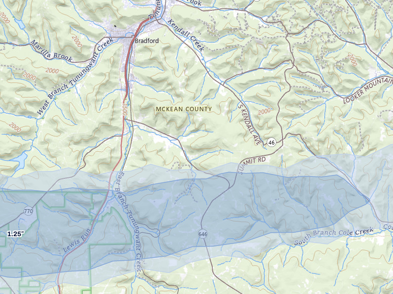 NEXRAD radar-signature map of the hail storm over Bradford, PA on May 13, 2026