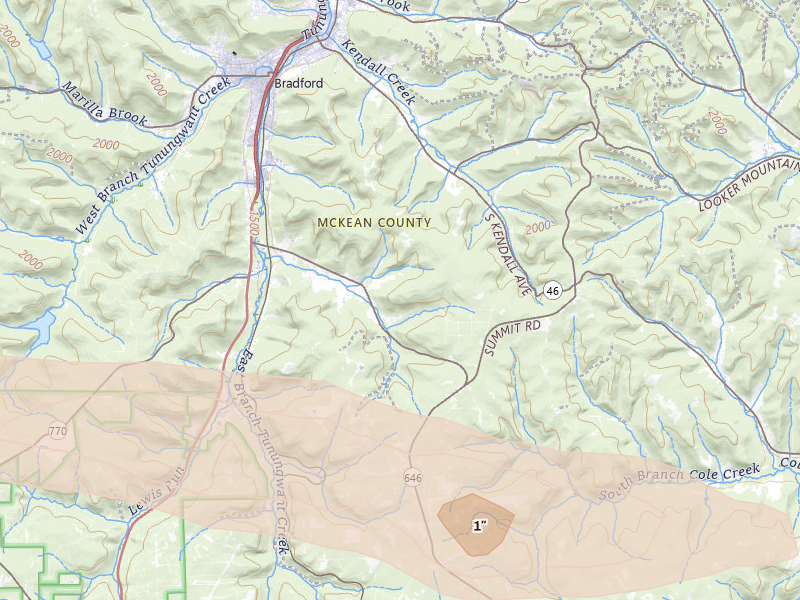 Radar-estimated hail-size map of the storm over Bradford, PA on Jul 4, 2026