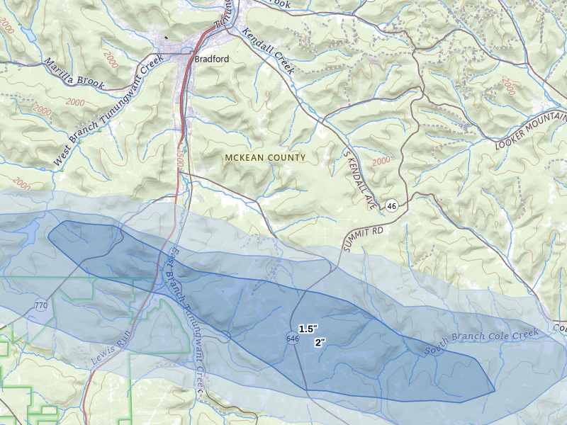NEXRAD radar-signature map of the hail over Bradford, PA