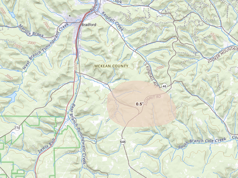 Radar-estimated hail-size map of the storm over Bradford, PA on Jul 18, 2026