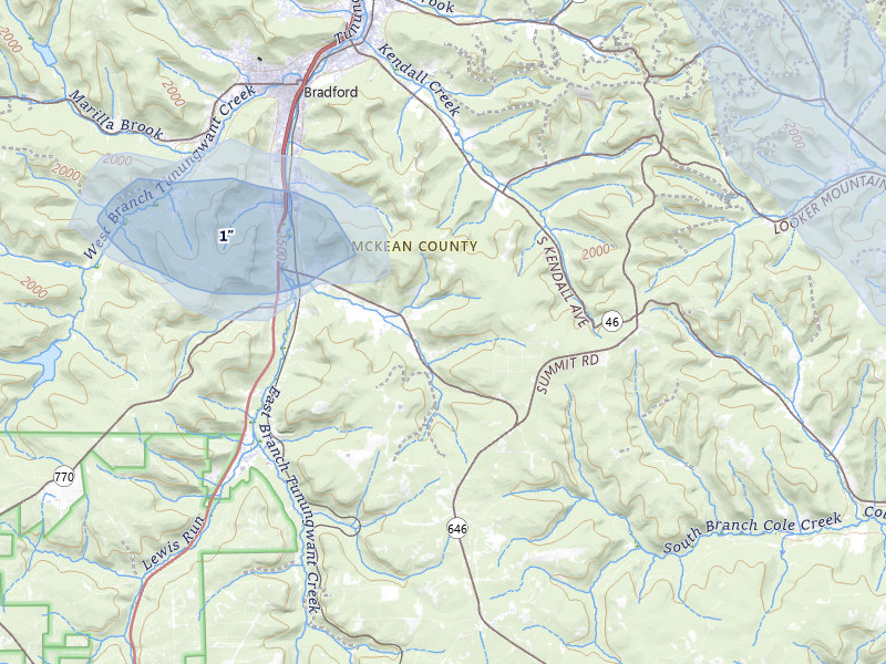 NEXRAD radar-signature map of the hail storm over Bradford, PA on Jul 27, 2026