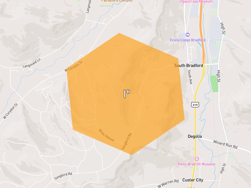 Hail map of Bradford, PA on Jul 28, 2026, hail up to 1"