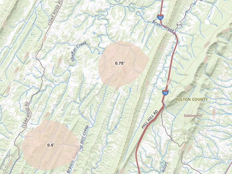 Radar-estimated hail-size map of the storm over Breezewood, PA on Jul 4, 2026