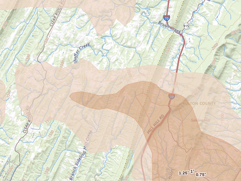 Radar-estimated hail-size map of the storm over Breezewood, PA on Sep 2, 2026