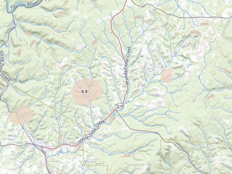 Radar-estimated hail-size map of the storm over Brockport, PA on Mar 7, 2026