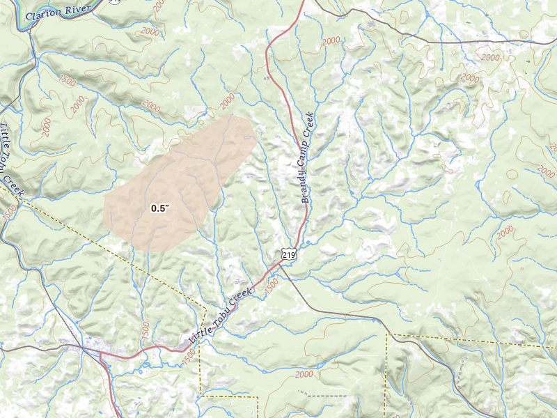 Radar-estimated hail-size map of the storm over Brockport, PA on Jun 11, 2026