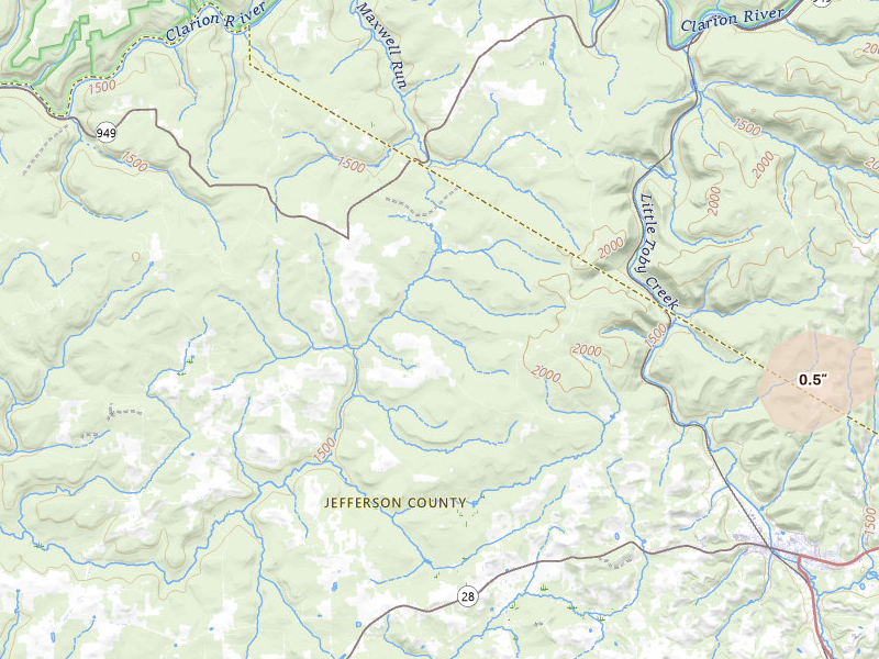 Radar-estimated hail-size map of the storm over Brockway, PA on May 13, 2026