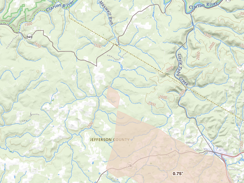 Radar-estimated hail-size map of the storm over Brockway, PA on Jul 3, 2026