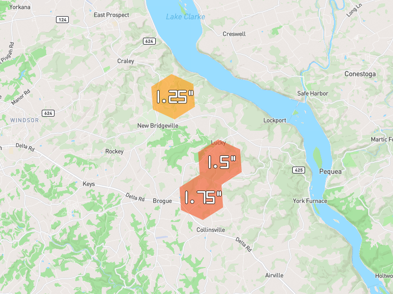 Hail map of Brogue, PA on Jul 6, 2026, hail up to 1.75"