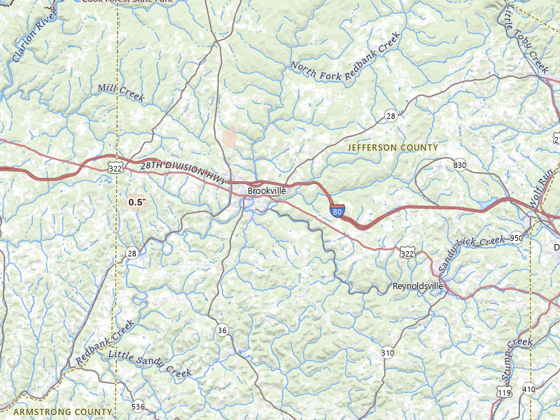 Radar-estimated hail-size map of the storm over Brookville, PA on Mar 22, 2026