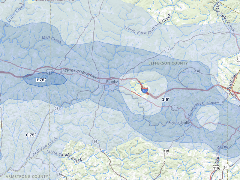 NEXRAD radar-signature map of the hail storm over Brookville, PA on Mar 22, 2026
