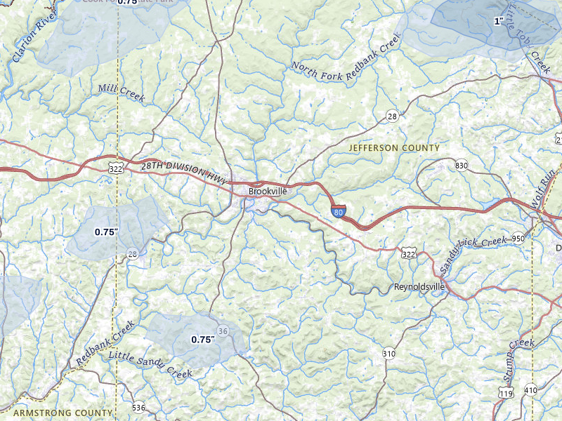 NEXRAD radar-signature map of the hail storm over Brookville, PA on May 13, 2026