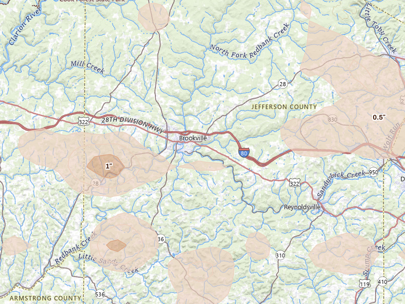 Radar-estimated hail-size map of the storm over Brookville, PA on Jul 3, 2026