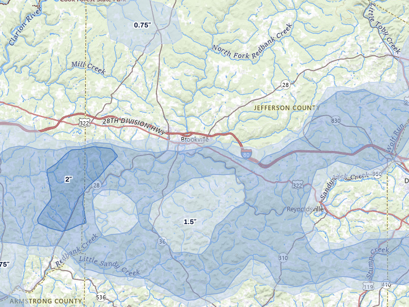 NEXRAD radar-signature map of the hail storm over Brookville, PA on Jul 3, 2026