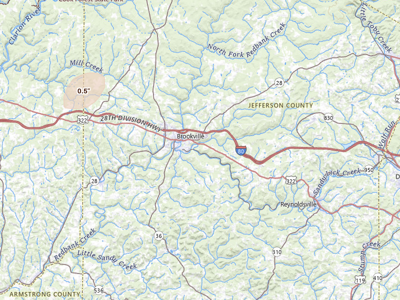 Radar-estimated hail-size map of the storm over Brookville, PA on Jul 4, 2026