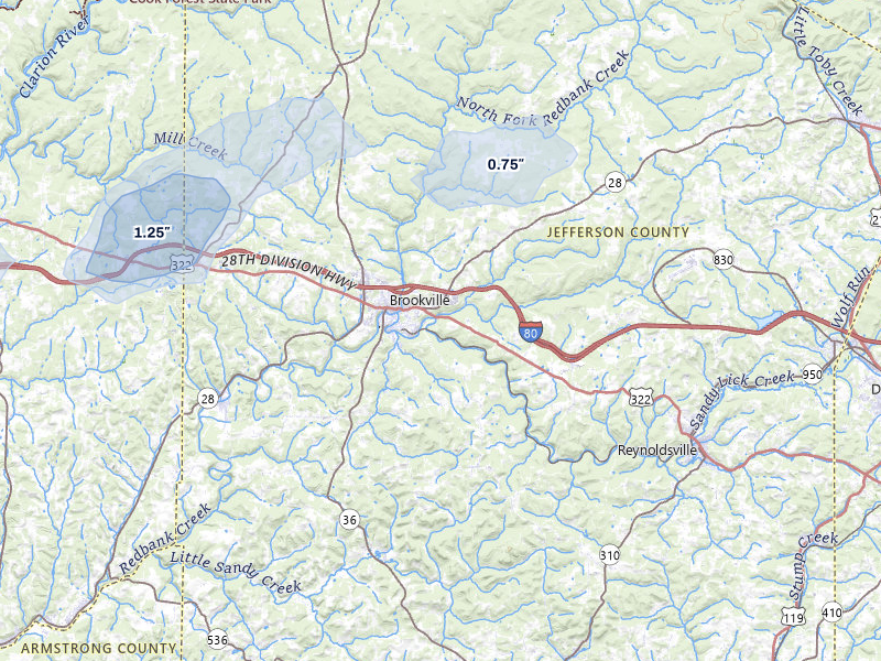 NEXRAD radar-signature map of the hail over Brookville, PA