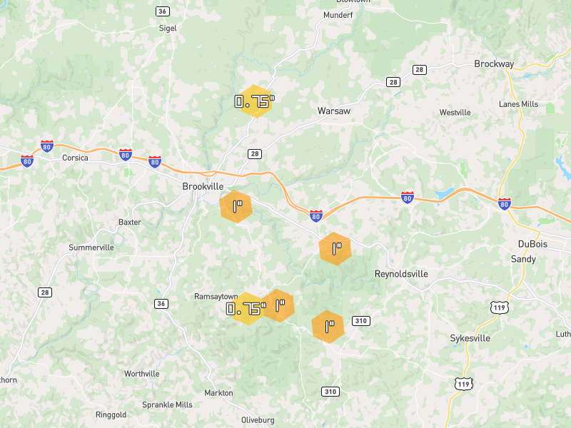 Hail map of Brookville, PA on Jul 4, 2026, hail up to 1"