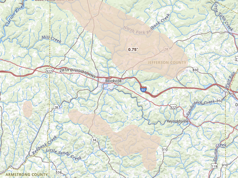 Radar-estimated hail-size map of the storm over Brookville, PA on Jul 18, 2026
