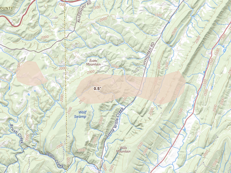 Radar-estimated hail-size map of the storm over Buffalo Mills, PA on Aug 22, 2026