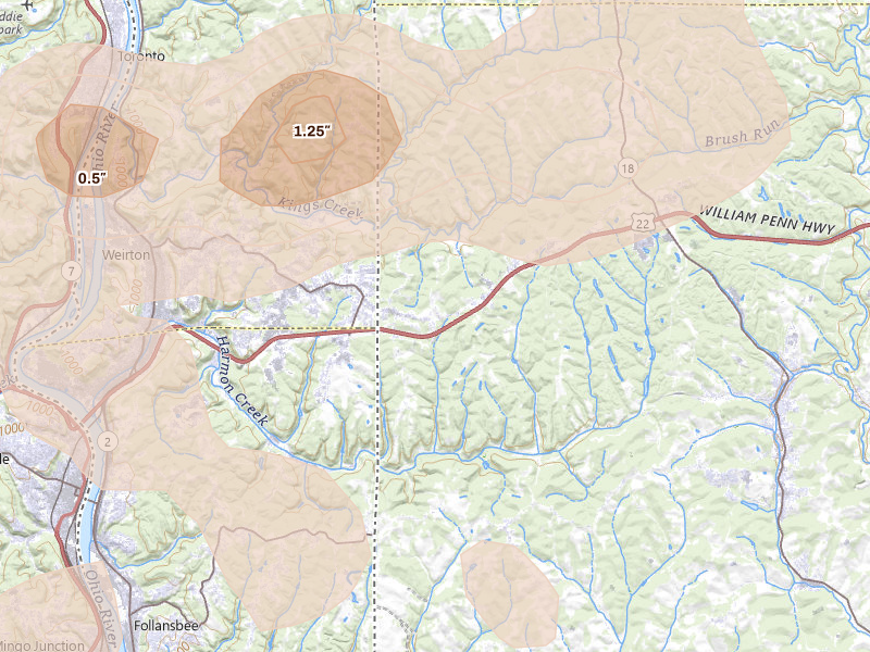 Radar-estimated hail-size map of the storm over Burgettstown, PA on Sep 3, 2026