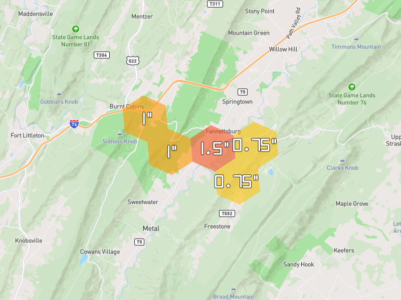 Hail map of Burnt Cabins, PA on Jul 6, 2026, hail up to 1.5"