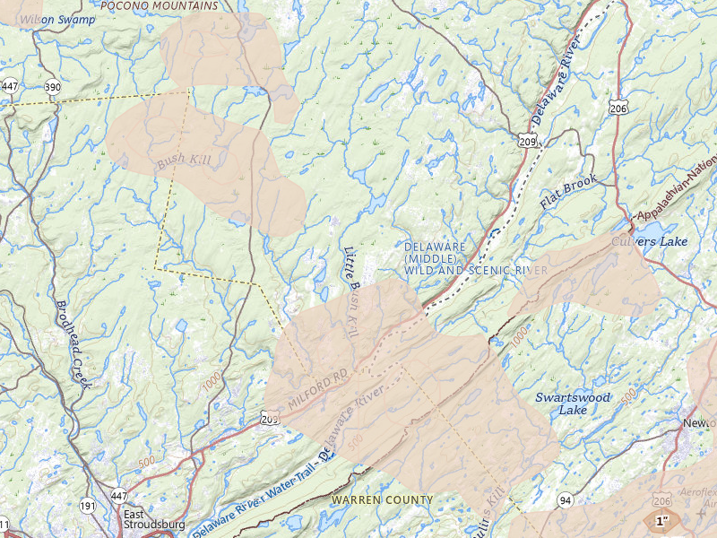 Radar-estimated hail-size map of the storm over Bushkill, PA on Jul 3, 2026