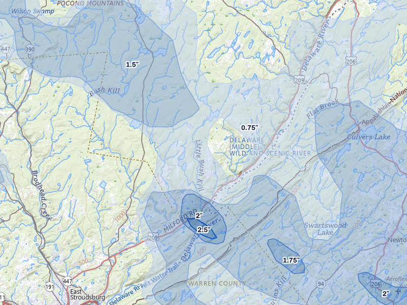 NEXRAD radar-signature map of the hail storm over Bushkill, PA on Jul 3, 2026
