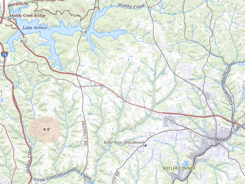 Radar-estimated hail-size map of the storm over Butler, PA on Mar 22, 2026