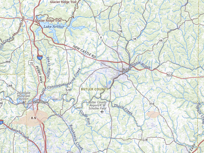 Radar-estimated hail-size map of the storm over Butler, PA on Jun 10, 2026