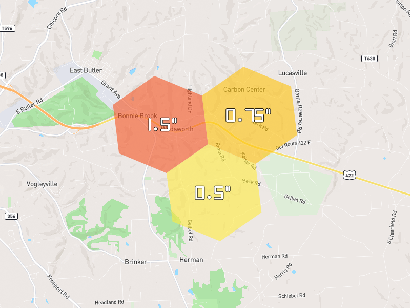 Hail map of Butler, PA on Jul 10, 2026, hail up to 1.5"