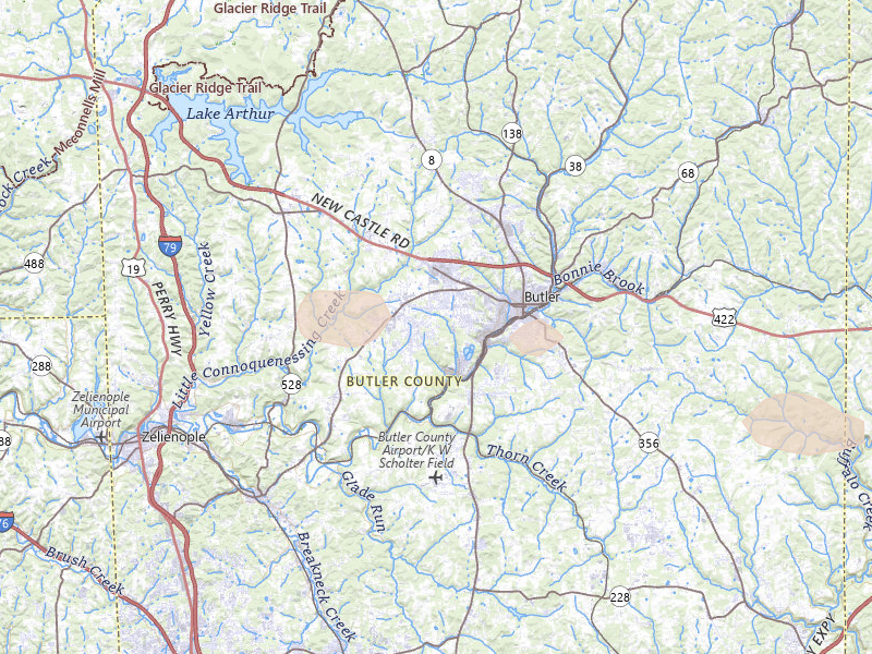 Radar-estimated hail-size map of the storm over Butler, PA on Aug 8, 2026