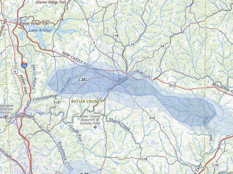 NEXRAD radar-signature map of the hail storm over Butler, PA on Aug 8, 2026