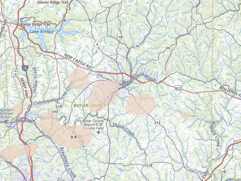 Radar-estimated hail-size map of the storm over Butler, PA on Sep 2, 2026