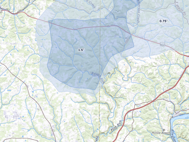 NEXRAD radar-signature map of the hail storm over Cabot, PA on Jul 3, 2026