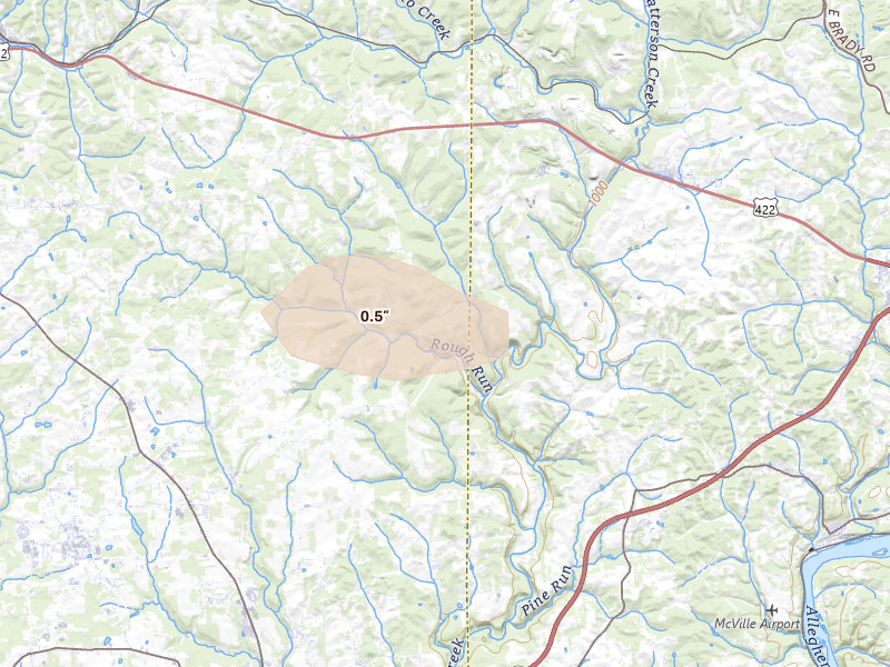 Radar-estimated hail-size map of the storm over Cabot, PA on Aug 8, 2026