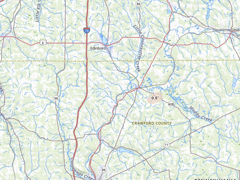 Radar-estimated hail-size map of the storm over Cambridge Springs, PA on May 13, 2026