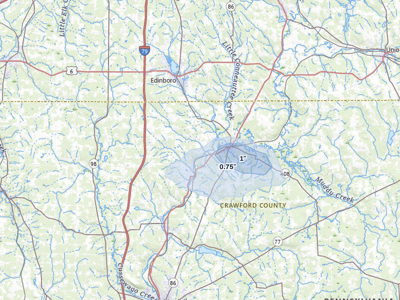 NEXRAD radar-signature map of the hail storm over Cambridge Springs, PA on May 13, 2026