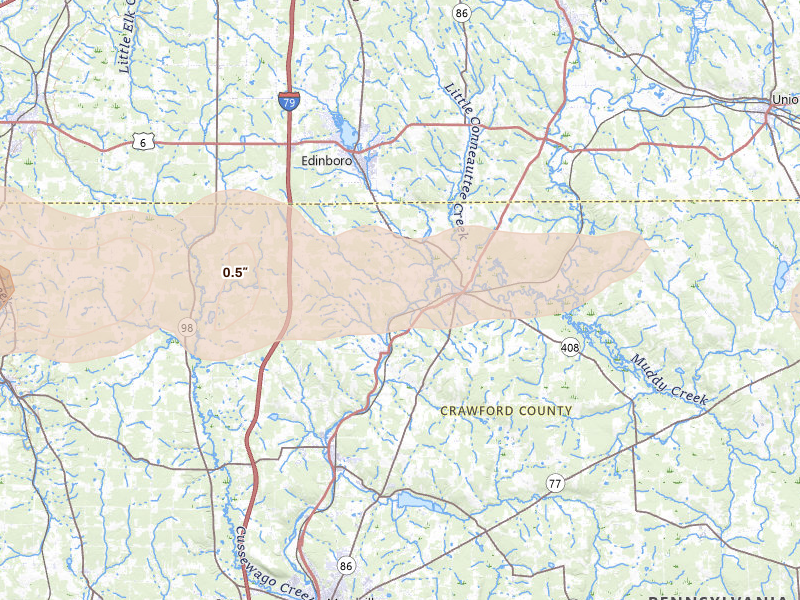 Radar-estimated hail-size map of the storm over Cambridge Springs, PA on Jun 14, 2026