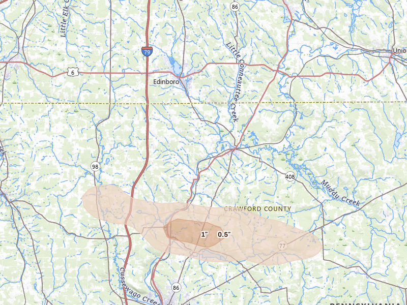 Radar-estimated hail-size map of the storm over Cambridge Springs, PA on Jul 3, 2026