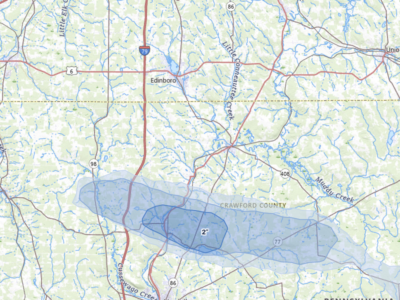 NEXRAD radar-signature map of the hail storm over Cambridge Springs, PA on Jul 3, 2026