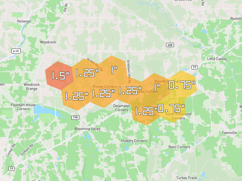 Hail map of Cambridge Springs, PA on Jul 3, 2026, hail up to 1.5"