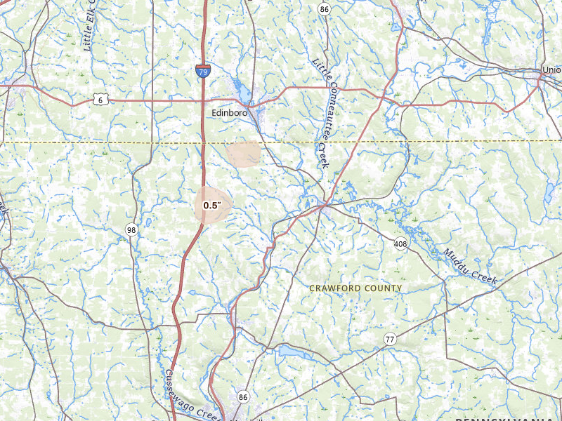 Radar-estimated hail-size map of the storm over Cambridge Springs, PA on Jul 18, 2026