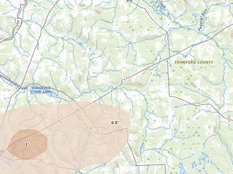 Radar-estimated hail-size map of the storm over Cambridge Springs, PA on Sep 2, 2026