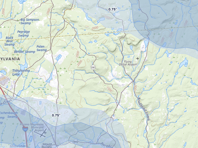 NEXRAD radar-signature map of the hail storm over Canadensis, PA on Jul 3, 2026