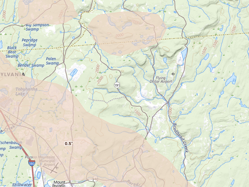 Radar-estimated hail-size map of the storm over Canadensis, PA on Jul 4, 2026