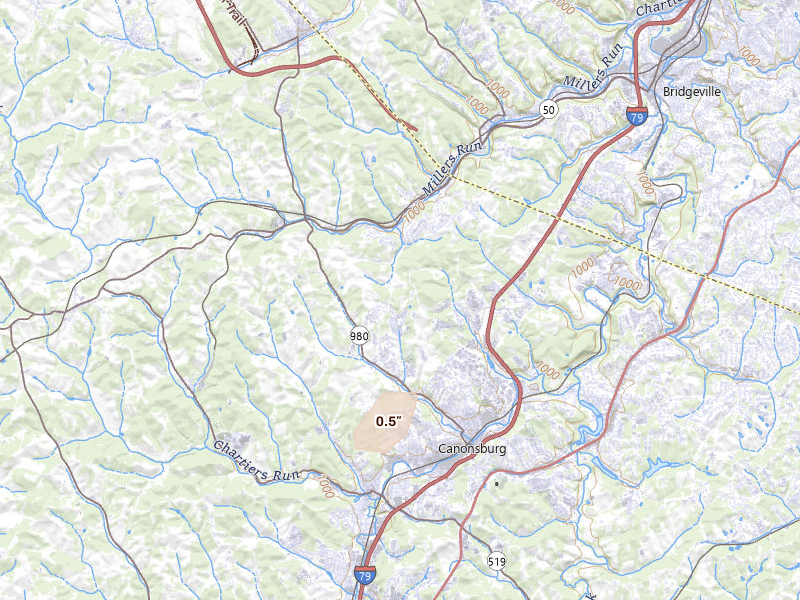 Radar-estimated hail-size map of the storm over Canonsburg, PA on Aug 5, 2026