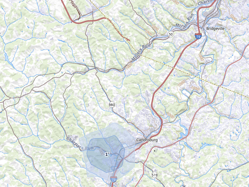 NEXRAD radar-signature map of the hail storm over Canonsburg, PA on Aug 5, 2026