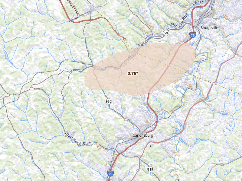 Radar-estimated hail-size map of the storm over Canonsburg, PA on Aug 8, 2026