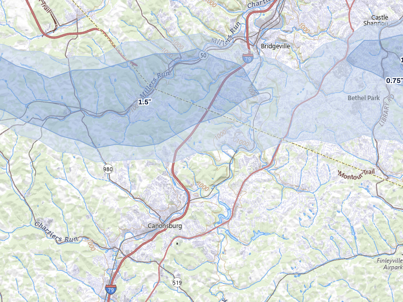 NEXRAD radar-signature map of the hail storm over Canonsburg, PA on Aug 8, 2026