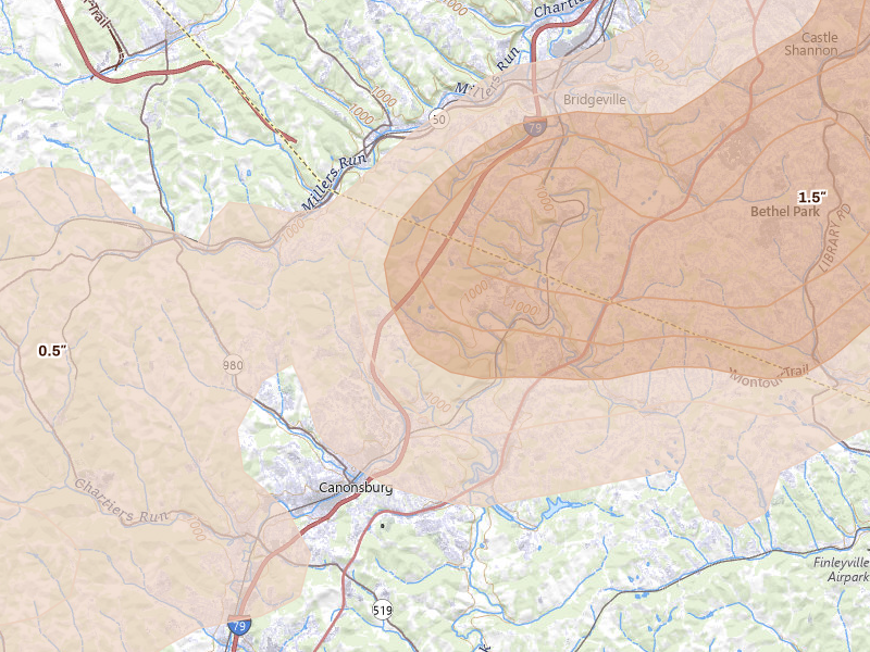 Radar-estimated hail-size map of the storm over Canonsburg, PA on Sep 3, 2026